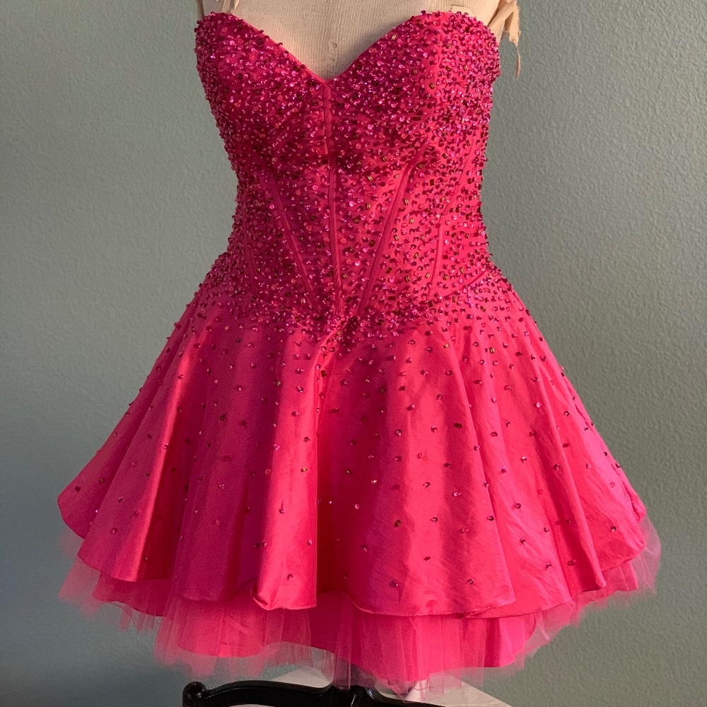 Fuchsia Pink Beaded Mini Dress
